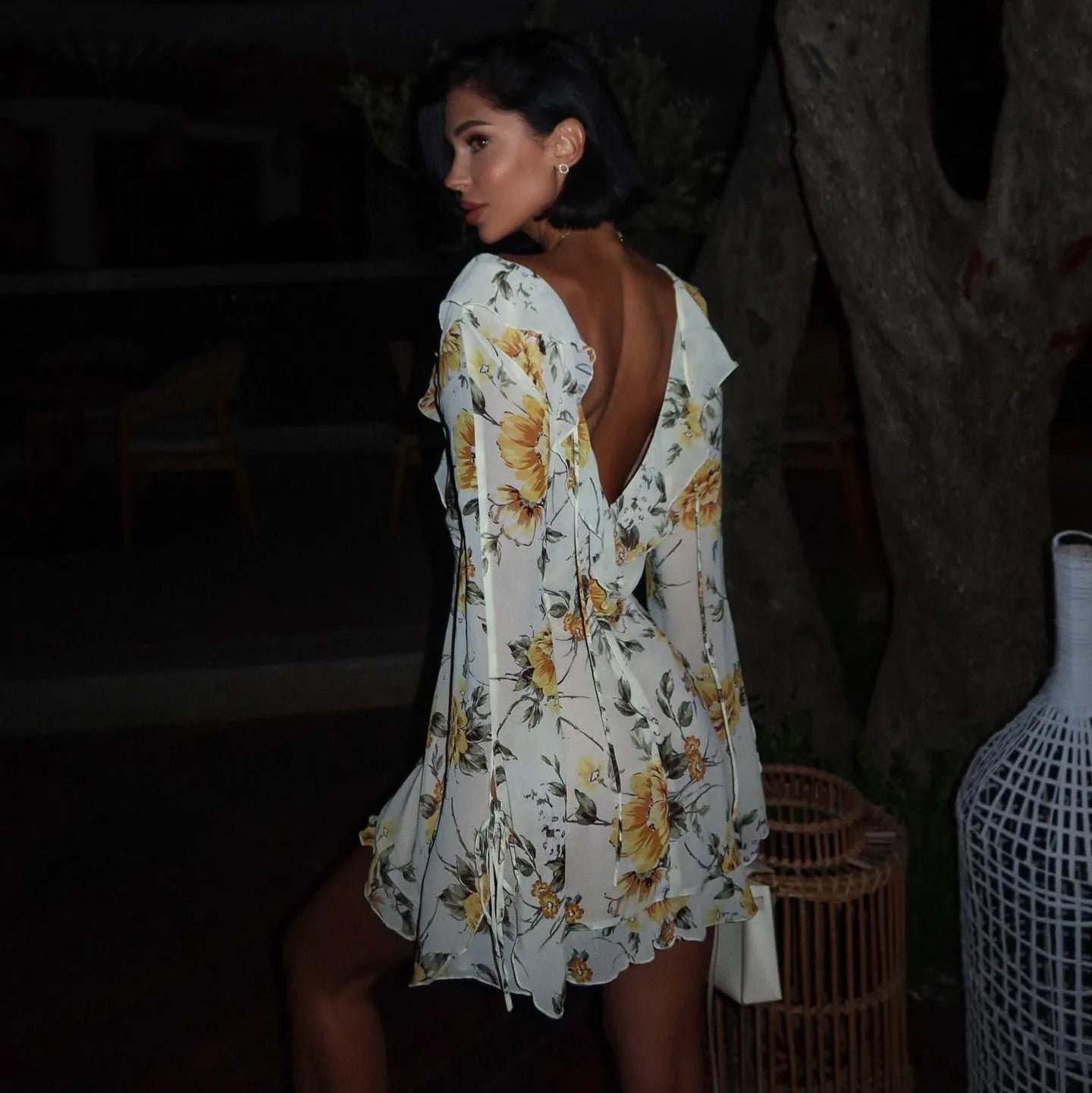 Sylvie Flower Print Lace-Up Mini Dress - White / S - Be My Shine