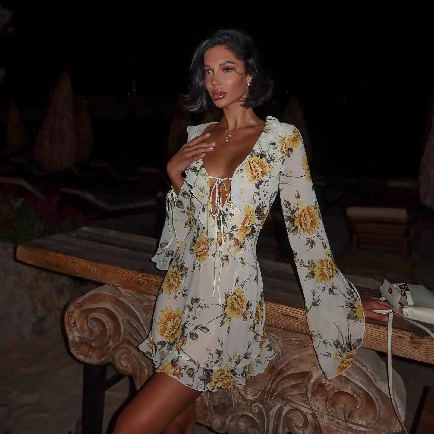 Sylvie Flower Print Lace-Up Mini Dress - White / S - Be My Shine