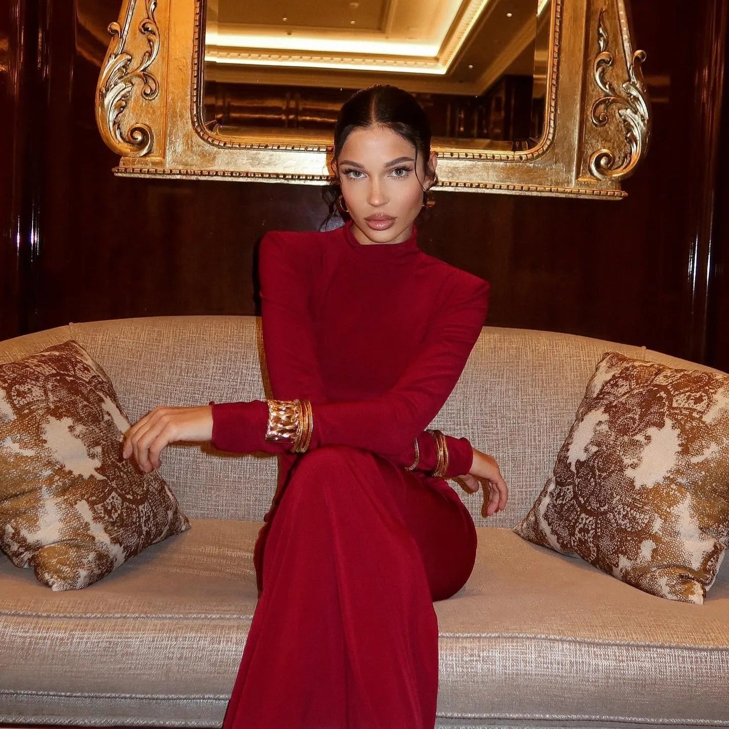 Thea Long Sleeve Ruched Maxi Dress - Red / S - Be My Shine