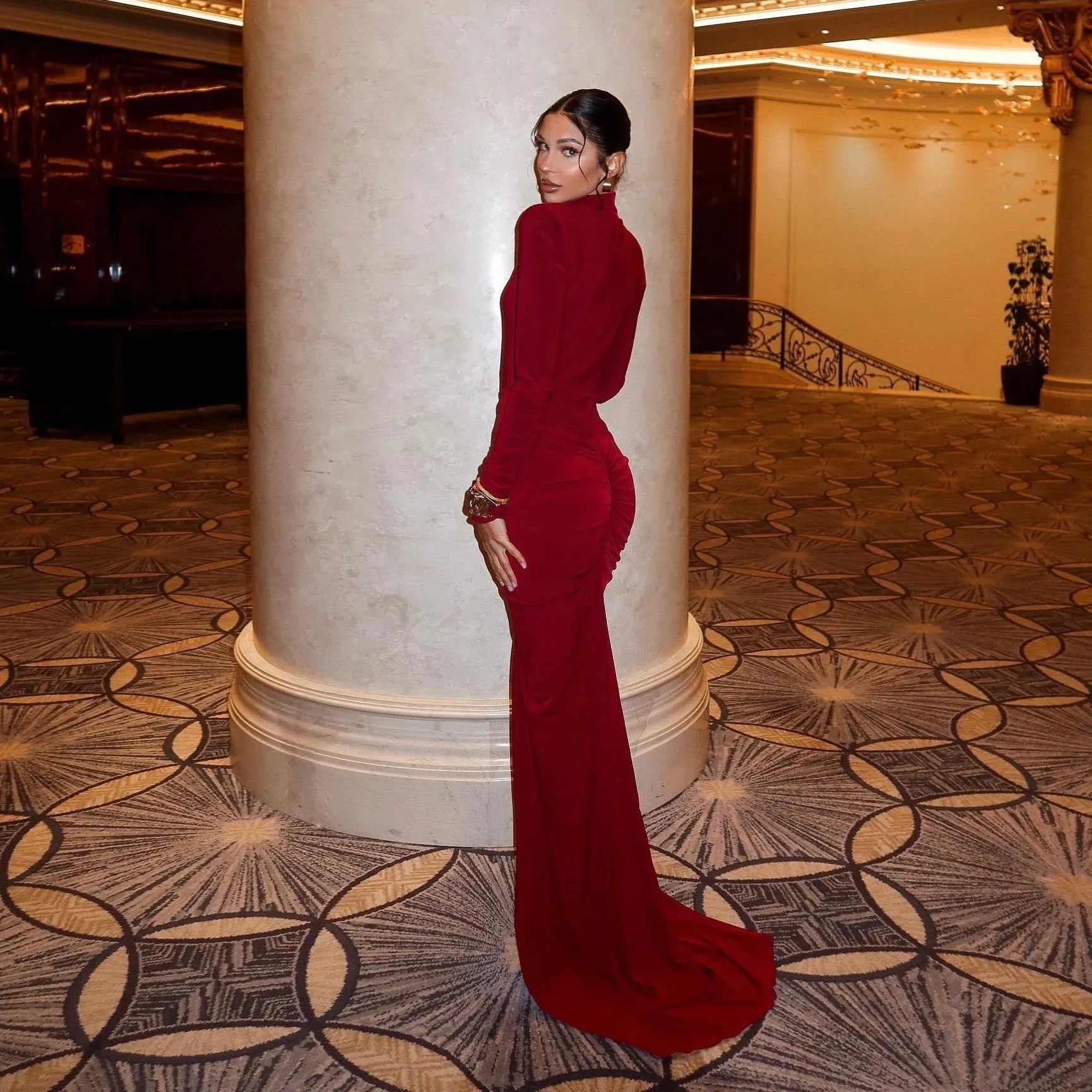 Thea Long Sleeve Ruched Maxi Dress - Red / S - Be My Shine