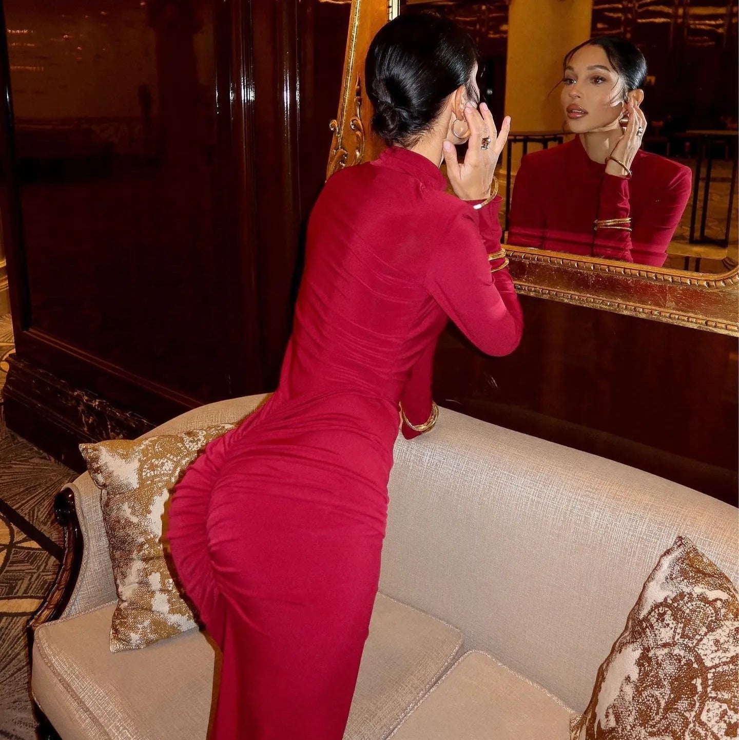 Thea Long Sleeve Ruched Maxi Dress - Red / S - Be My Shine