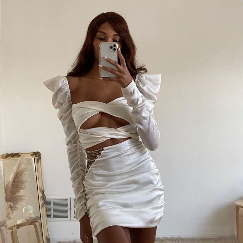 Violeta Ruched Cut Out Lace Up Mini Dress - S / White - Be My Shine