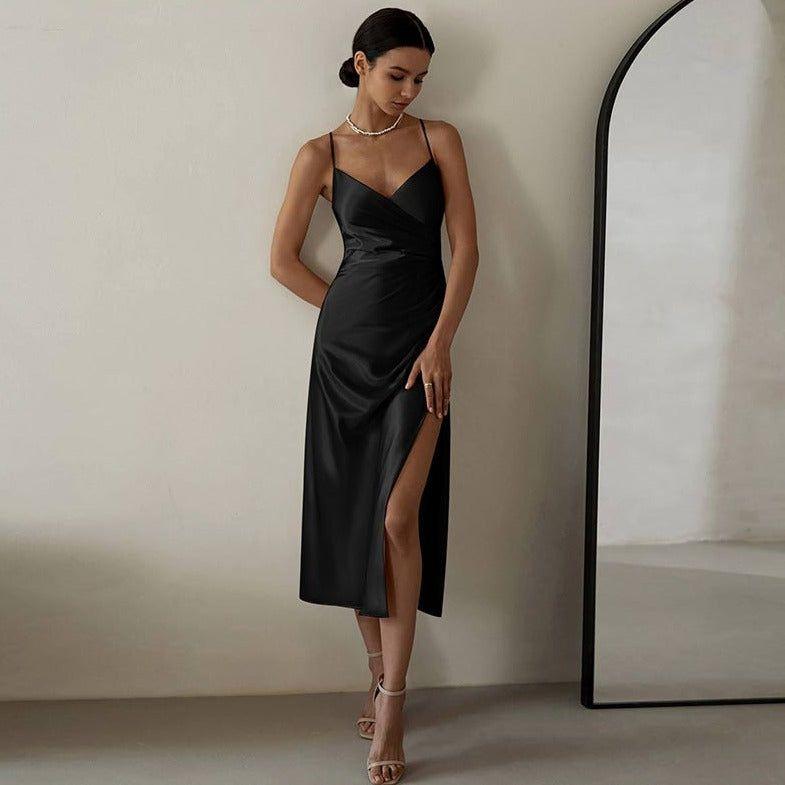 Warda Ruched Satin Midi Dress - Black / S - Be My Shine