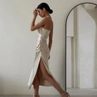 Warda Ruched Satin Midi Dress - Champagne / S - Be My Shine