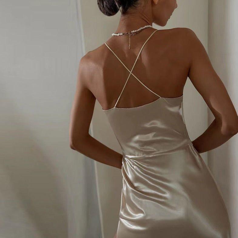 Warda Ruched Satin Midi Dress - Champagne / S - Be My Shine
