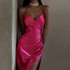 Warda Ruched Satin Midi Dress - Rose Red / S - Be My Shine