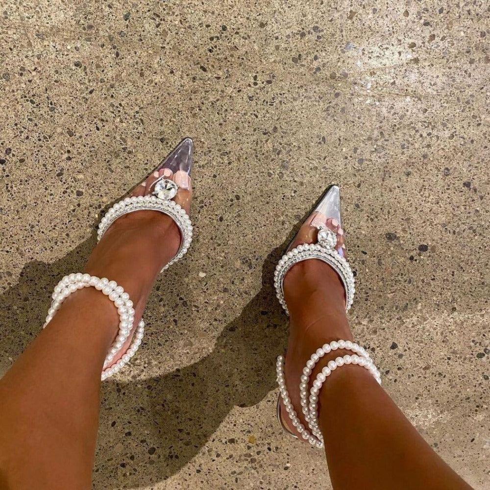 Zoe Pearl Strap Crystal Heels - Clear / 4 - Be My Shine